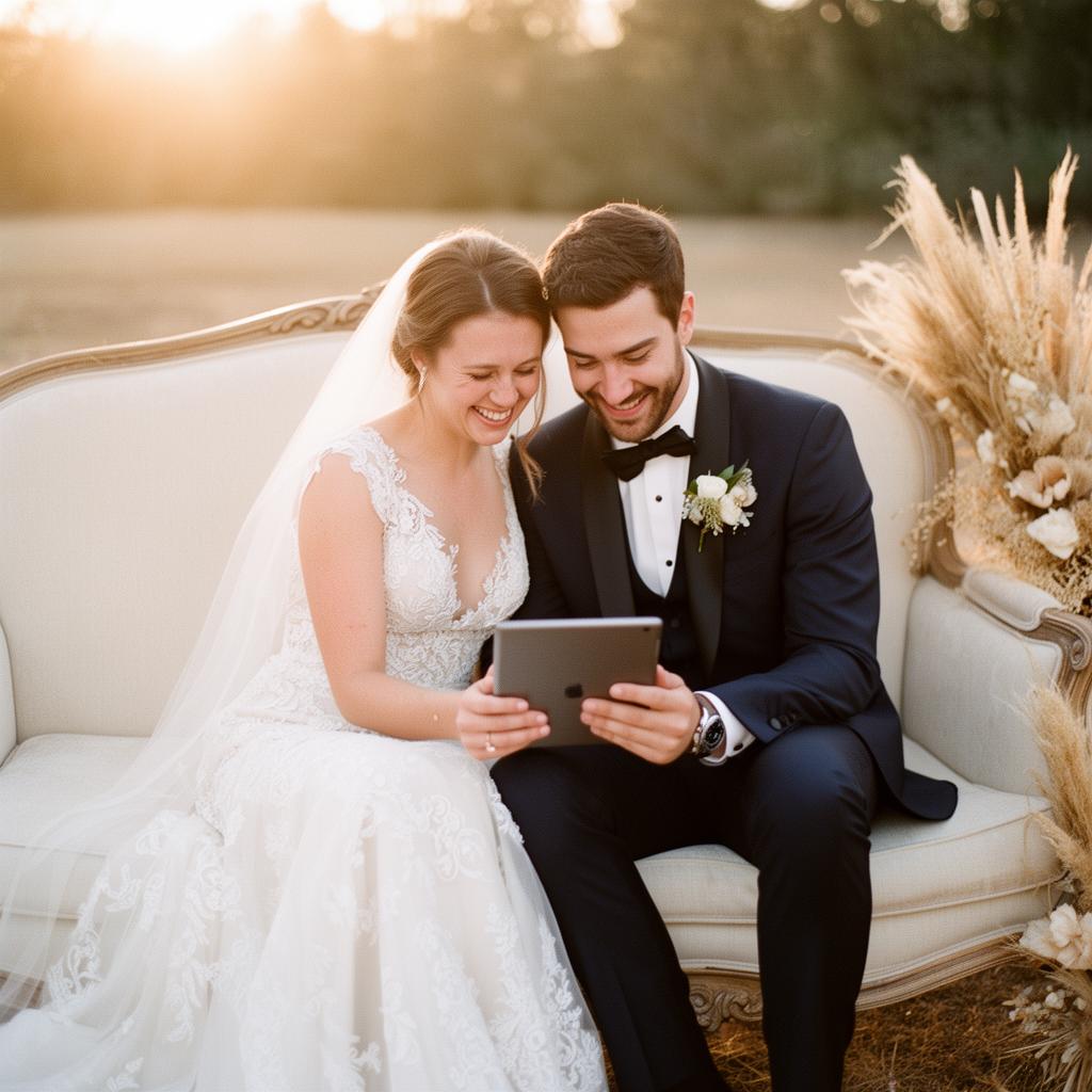 A bride and groom smiling as they watch messages together on a tablet