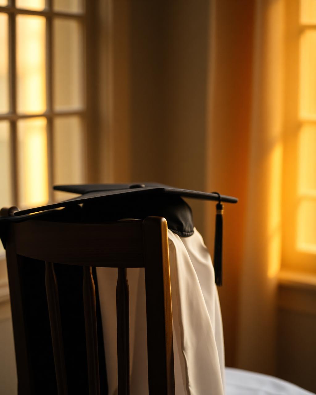 A graduation cap and gown resting on a chair at golden hour