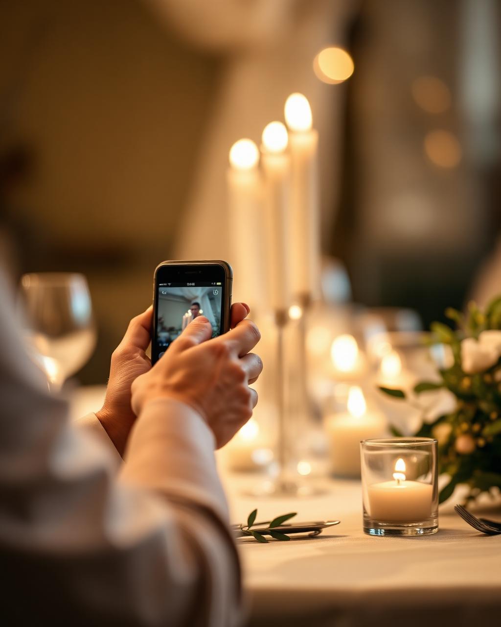 Candlelit wedding reception, a guest recording a toast