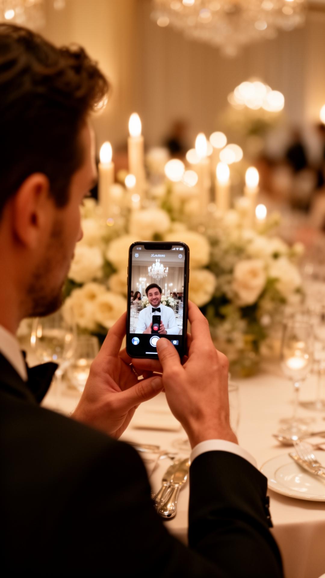 A guest at a candlelit reception recording a video message on their phone.