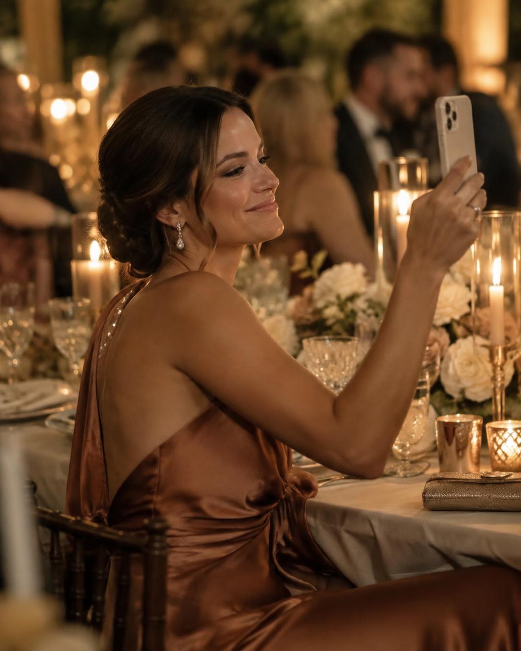A smiling wedding guest at a candlelit table recording a video message on her phone.
