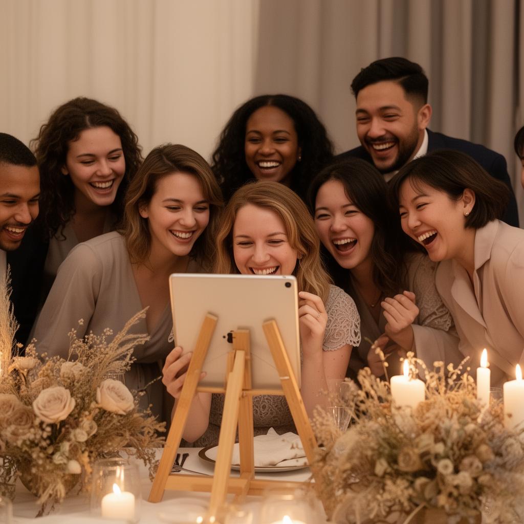 Friends gathered around an iPad on a wooden easel, laughing as one records a video message.
