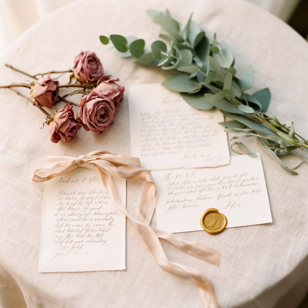 Handwritten letters and dried roses on linen.
