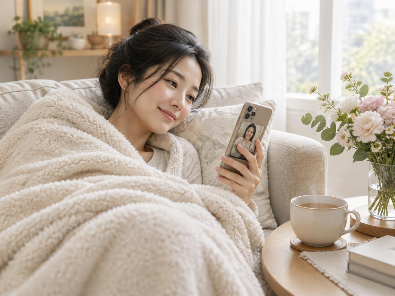 A woman resting under a blanket, smiling at encouraging messages