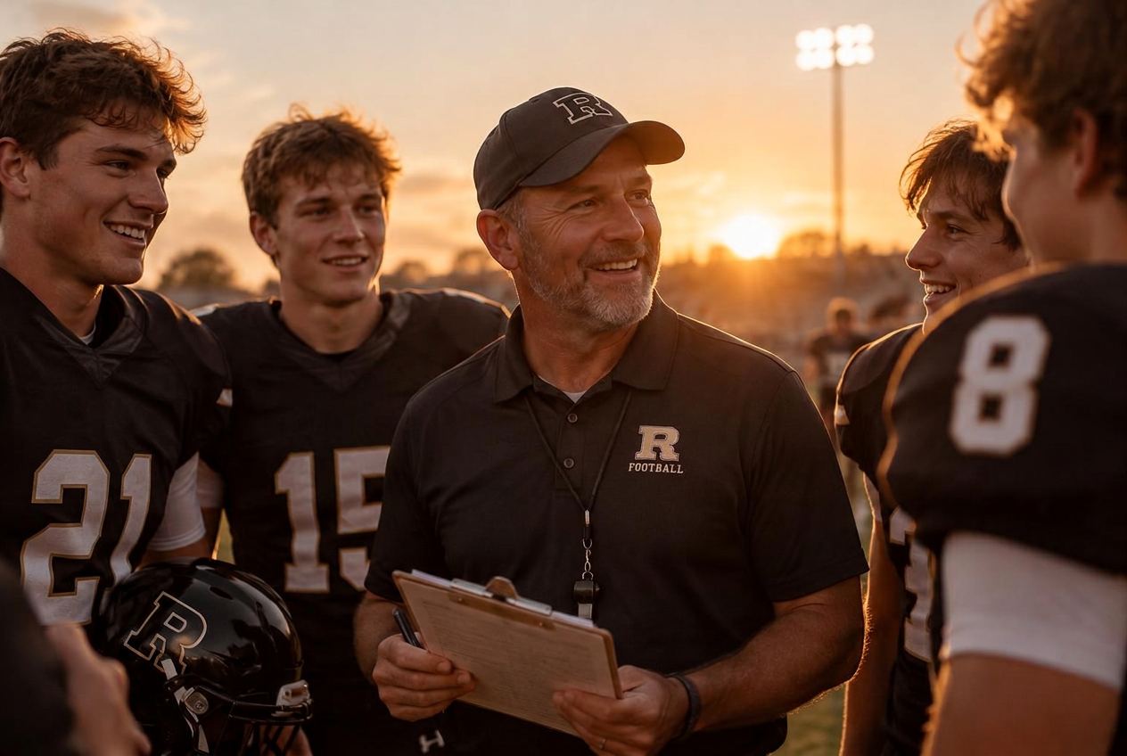 A smiling coach with his players on the sideline at sunset