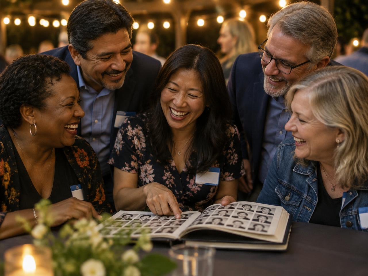 Old classmates laughing over a yearbook at their reunion