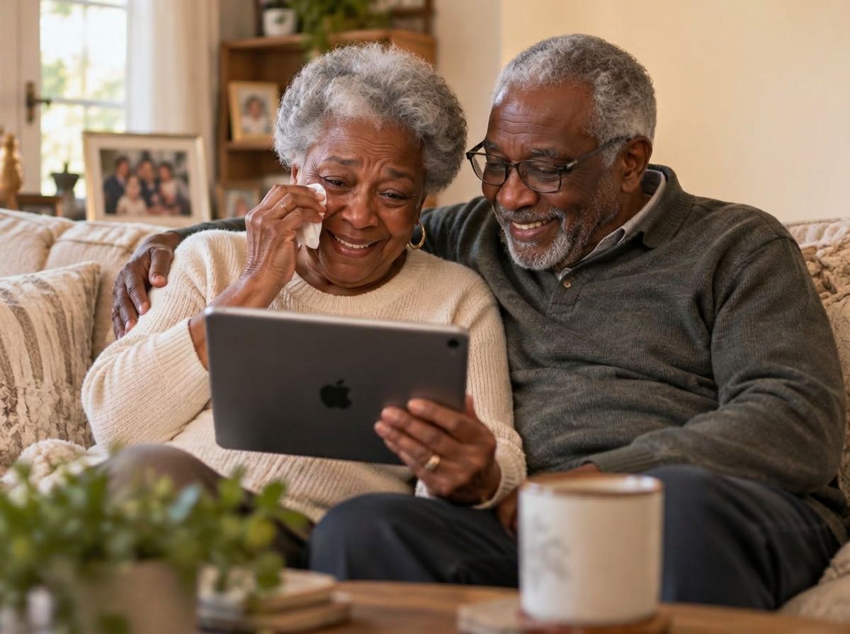 A couple married for decades watching anniversary messages together on a tablet