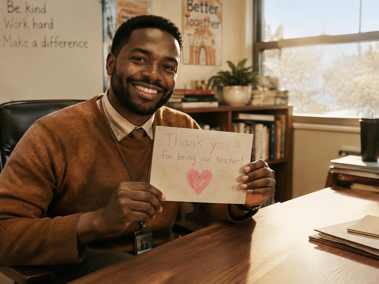 A smiling teacher holding a student's thank-you card