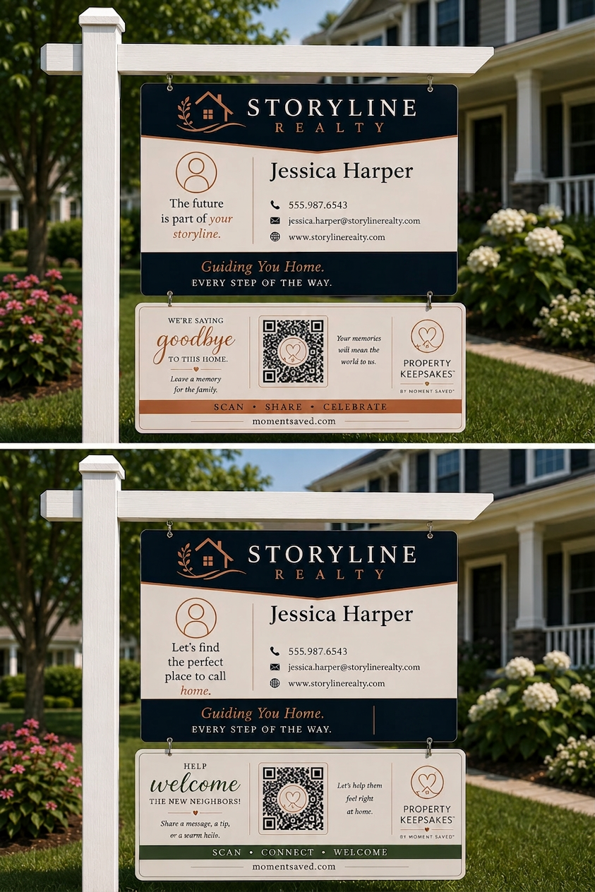 Property Memory Markers™ shown beneath a sample Storyline Realty yard sign — Goodbye Home rider and Welcome Home rider, each with a QR code.