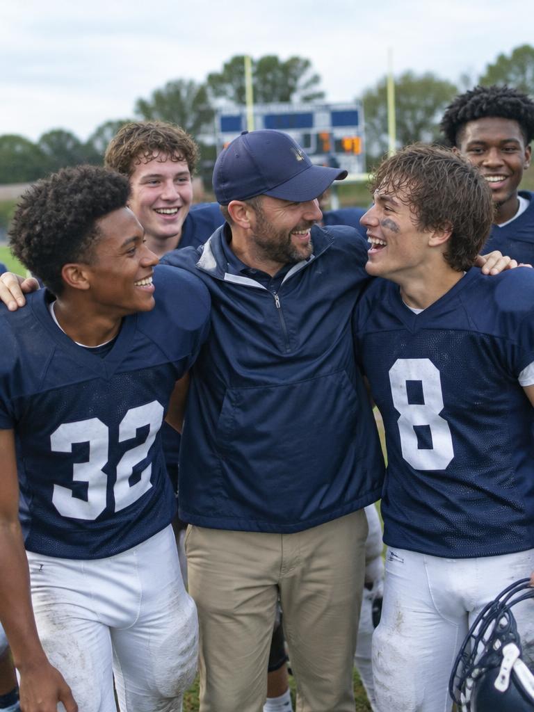 Football teammates celebrating with their coach